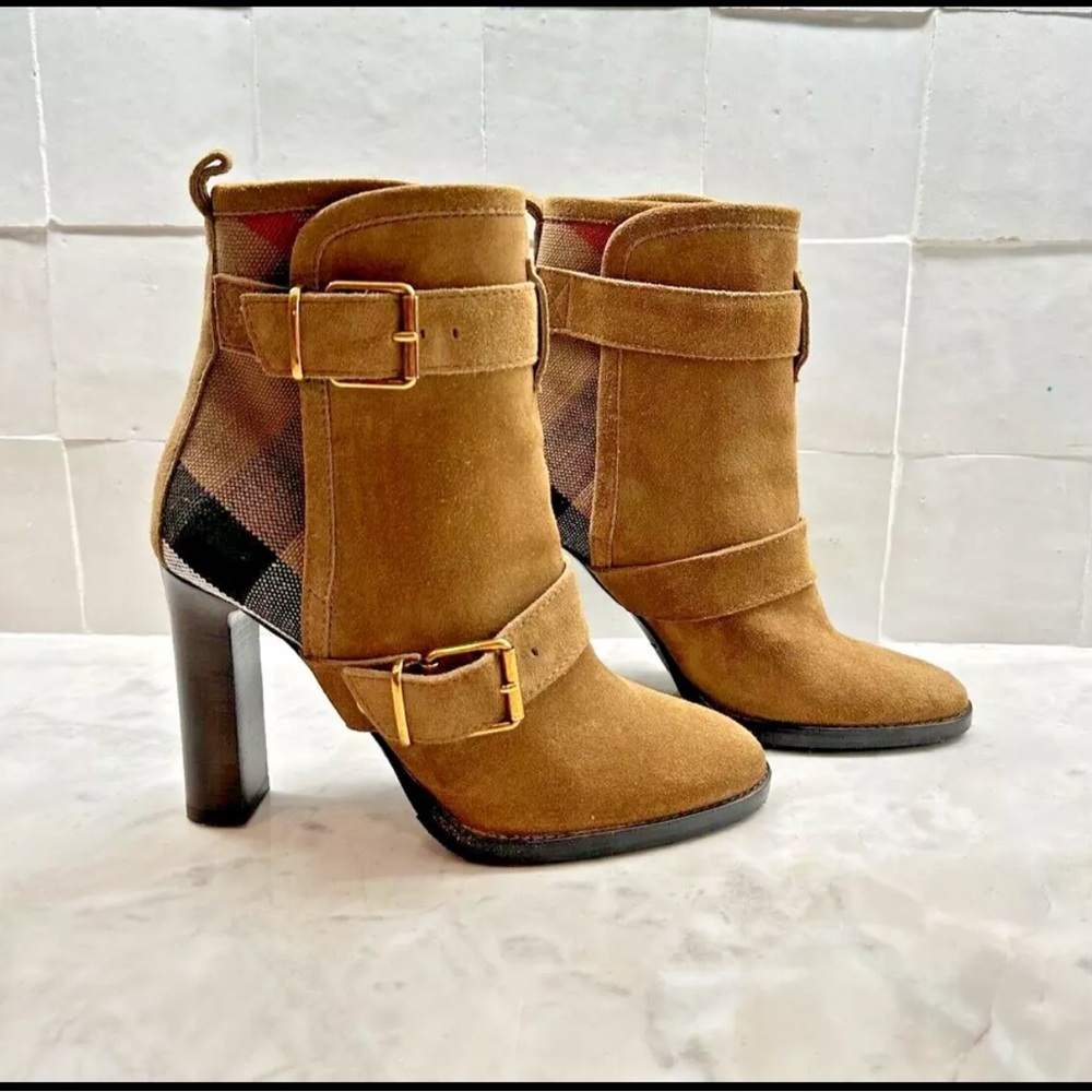 Authentic Brown Suede Burberry Check and Leather Booties 5.5/36 GREAT CONDITION